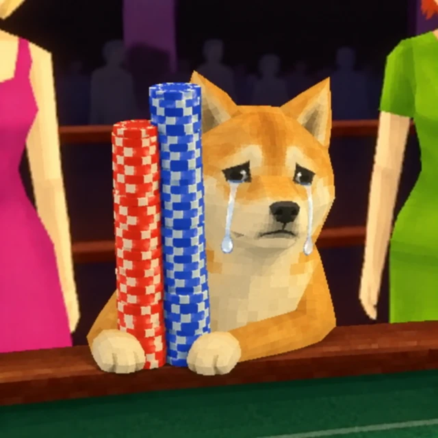 The crying inu behind a tall stack of casino chips.
